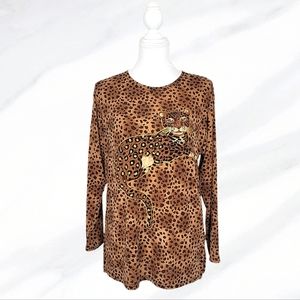 •SOLD• Vintage Leopard Cheetah Animal Print Gold Glitter Blouse Top Shirt Large